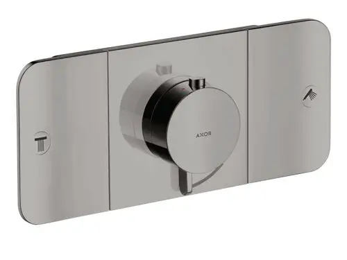 Thermostatmodul in Polished Black Chrome, mit Drehknopf und zwei Bedienelementen für Wasser- und Duschauslass, präsentiert von der Marke AXOR.